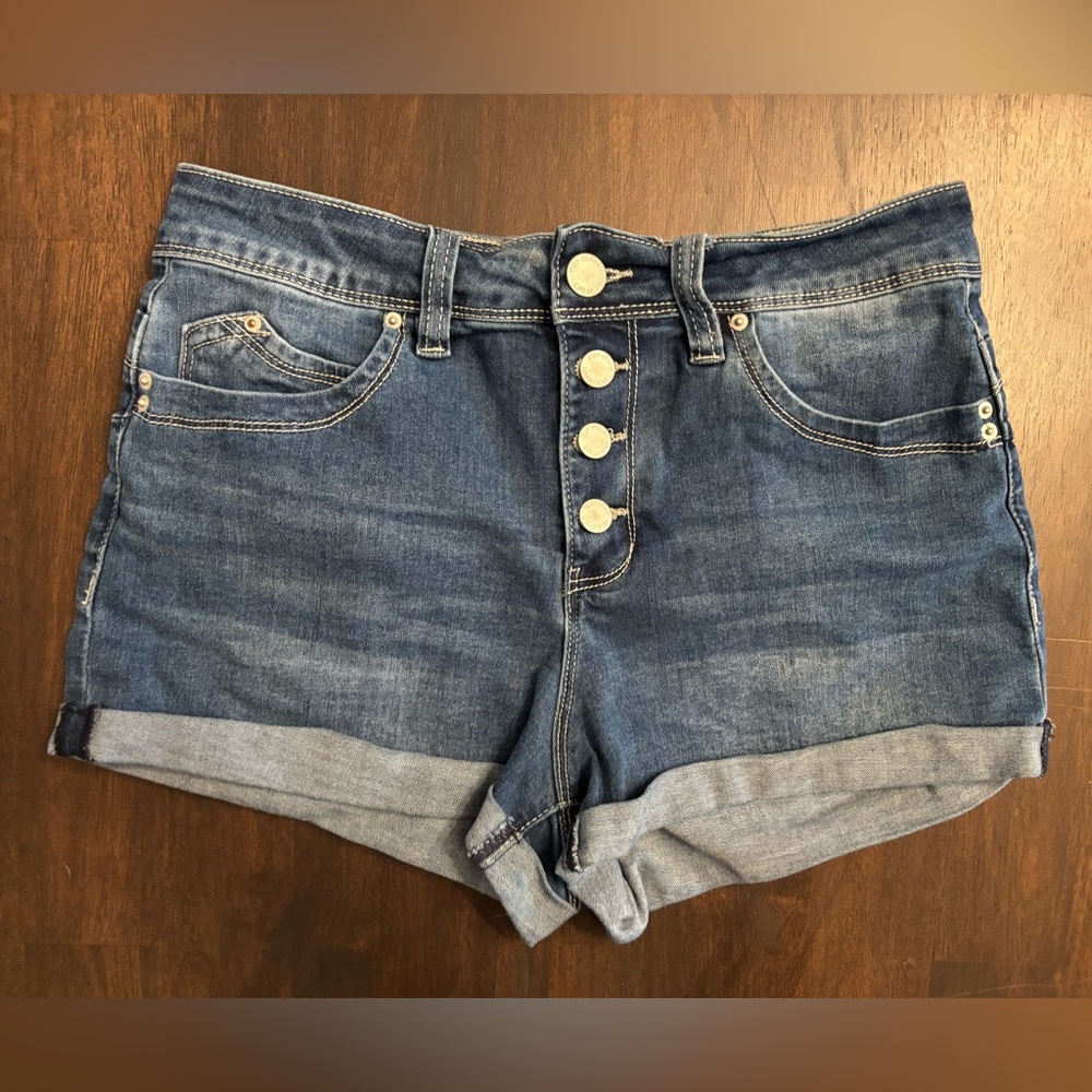 YMI WannaBettaButt booty lifting cuffed blue jean button fly shorts with stretch
